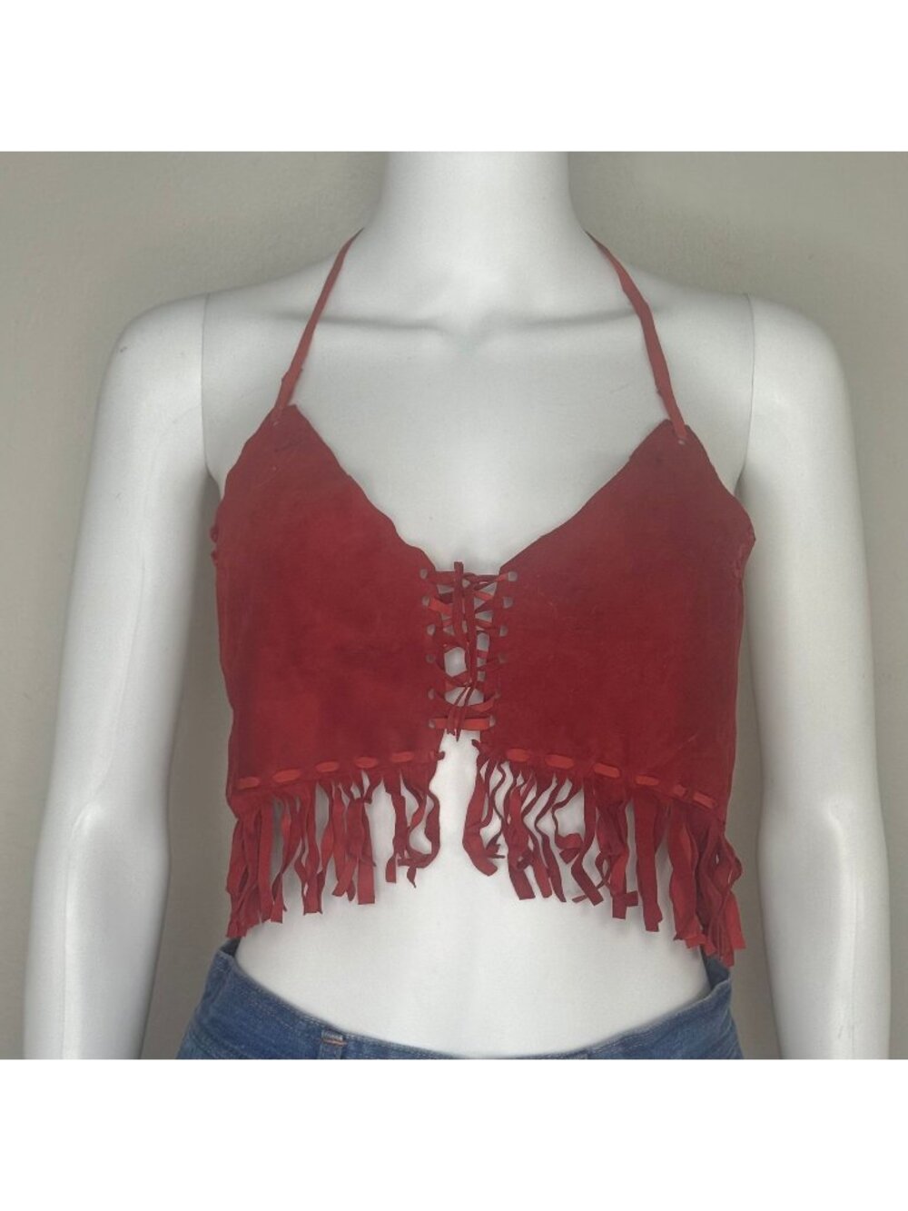 Vintage 1970s Red Leather Halter Top Fringe Cropped Lace Up Corset Open Back XS